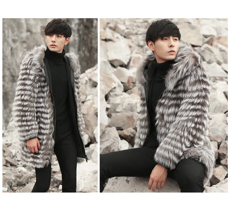 Real Fox Fur Hooded Striped Long Coats