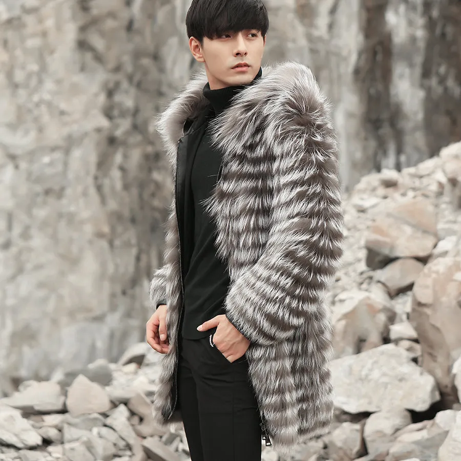Real Fox Fur Hooded Striped Long Coats