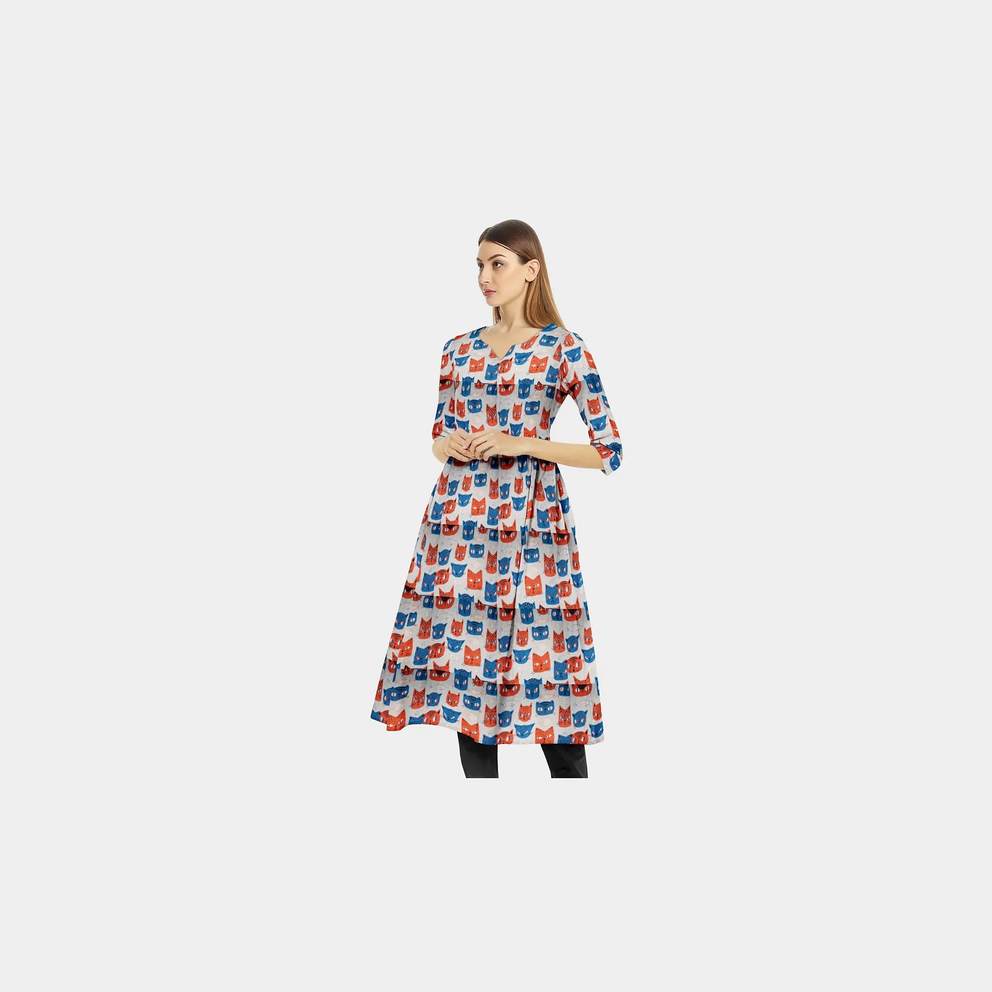 Red Blue Quirky Print Chinnon Chiffon Fabric