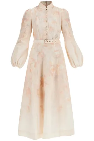 RED FLORAL LINEN MIDI DRESS WITH RUFFLED SLEEVES