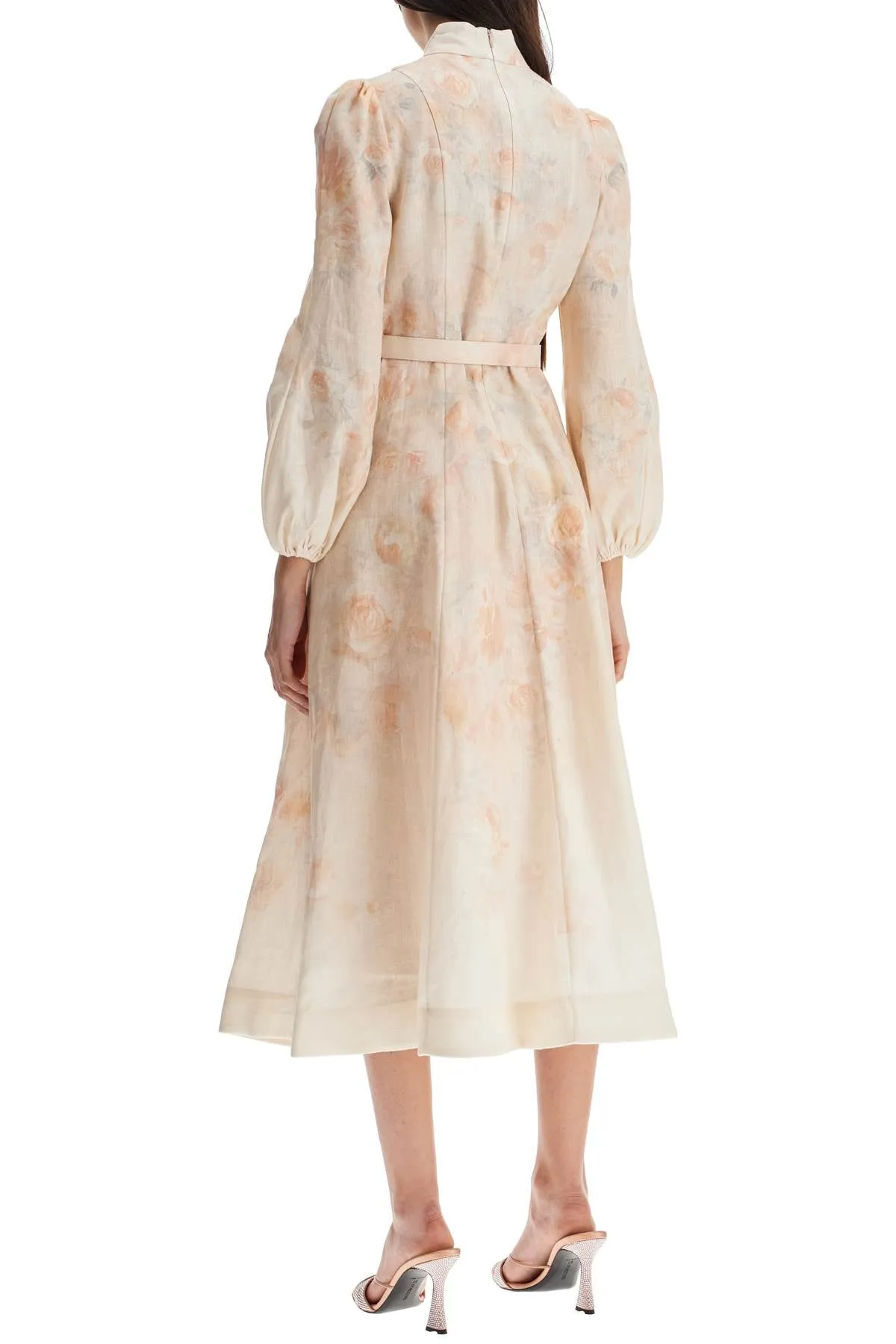 RED FLORAL LINEN MIDI DRESS WITH RUFFLED SLEEVES