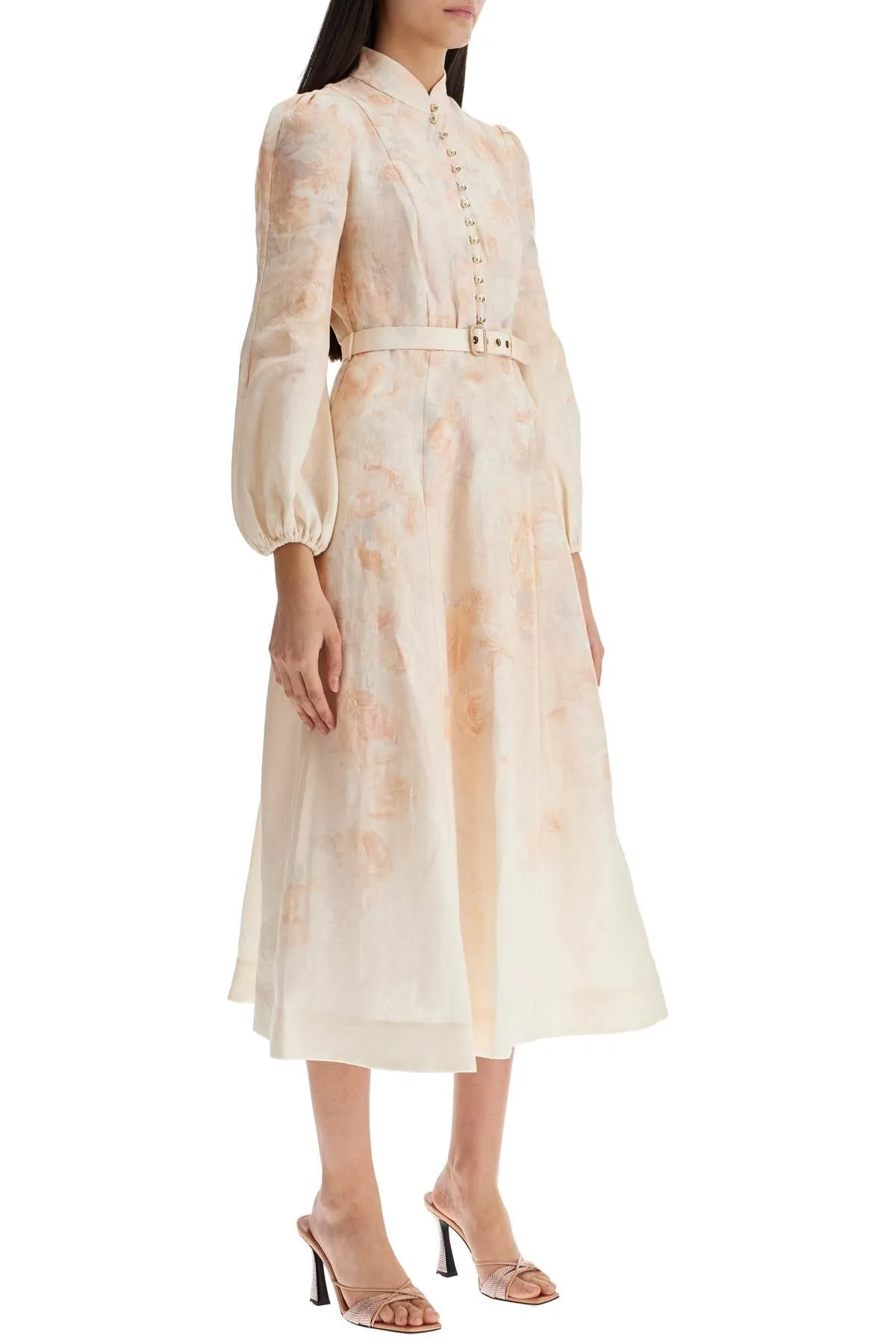 RED FLORAL LINEN MIDI DRESS WITH RUFFLED SLEEVES