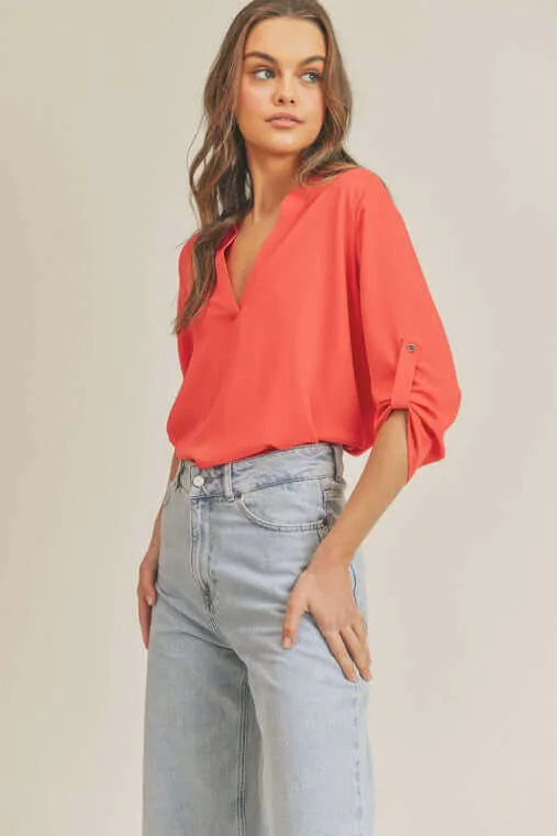 Roll Up Button Sleeve V Neck Top Blouse