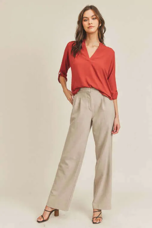 Roll Up Button Sleeve V Neck Top Blouse