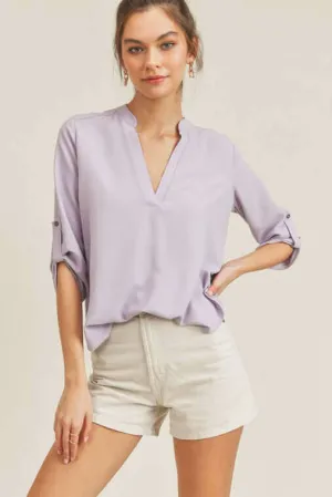 Roll Up Button Sleeve V Neck Top Blouse