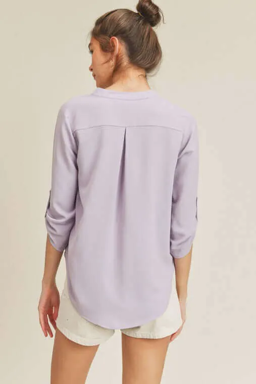Roll Up Button Sleeve V Neck Top Blouse