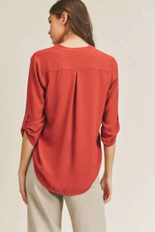 Roll Up Button Sleeve V Neck Top Blouse