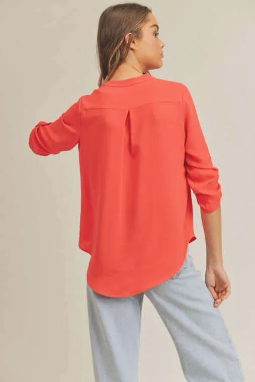 Roll Up Button Sleeve V Neck Top Blouse