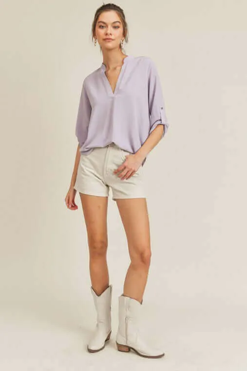 Roll Up Button Sleeve V Neck Top Blouse
