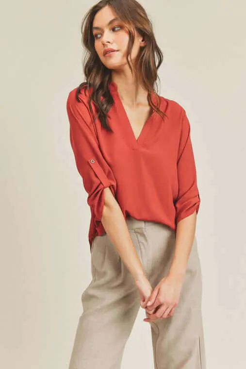 Roll Up Button Sleeve V Neck Top Blouse