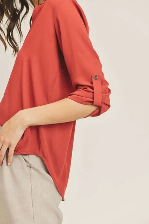 Roll Up Button Sleeve V Neck Top Blouse