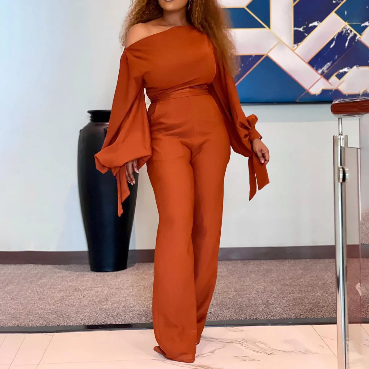 ROMILDI D133T 2025 women's clothing cross-border independent station  off-shoulder casual high-waisted African large-size wide-leg jumpsuit