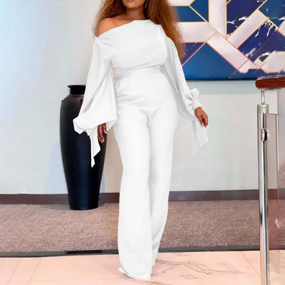 ROMILDI D133T 2025 women's clothing cross-border independent station  off-shoulder casual high-waisted African large-size wide-leg jumpsuit