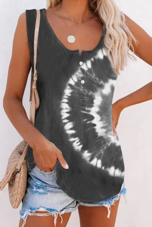 Scoop Neck Button Front Blue And White Tie Dye Tank Top