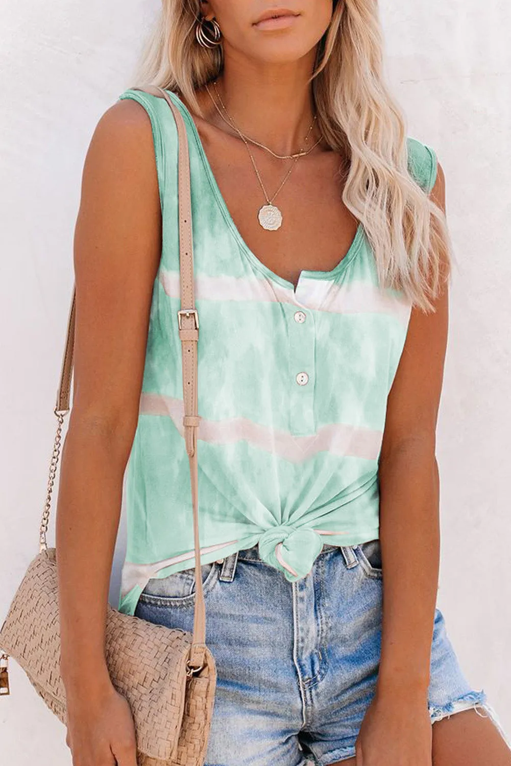 Scoop Neck Button Front Blue And White Tie Dye Tank Top