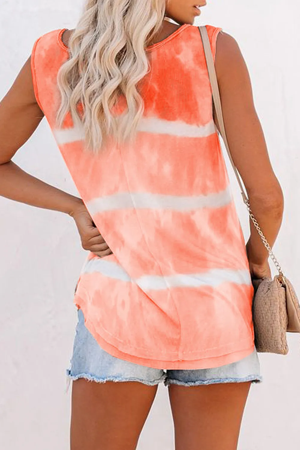 Scoop Neck Button Front Blue And White Tie Dye Tank Top