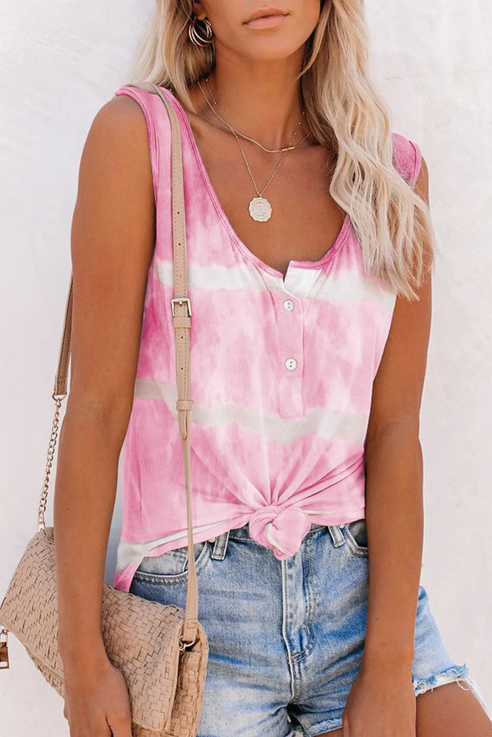 Scoop Neck Button Front Blue And White Tie Dye Tank Top