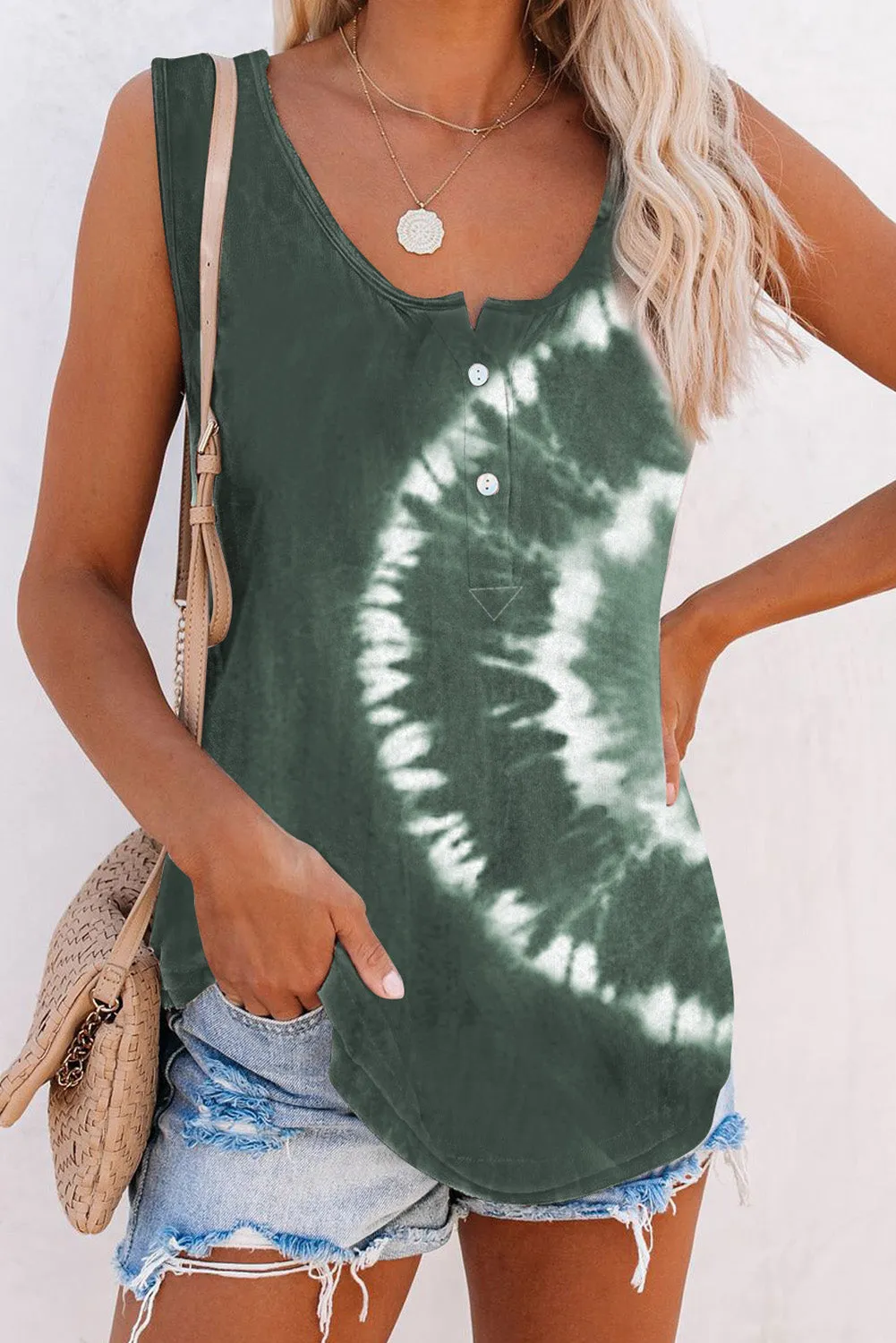 Scoop Neck Button Front Blue And White Tie Dye Tank Top