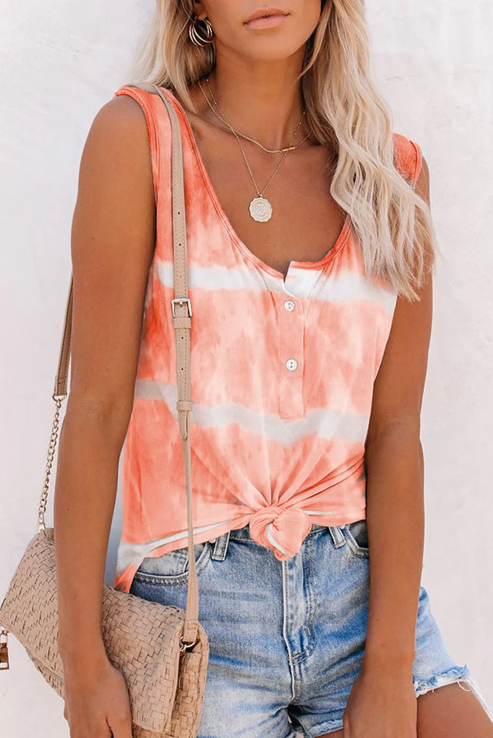 Scoop Neck Button Front Blue And White Tie Dye Tank Top