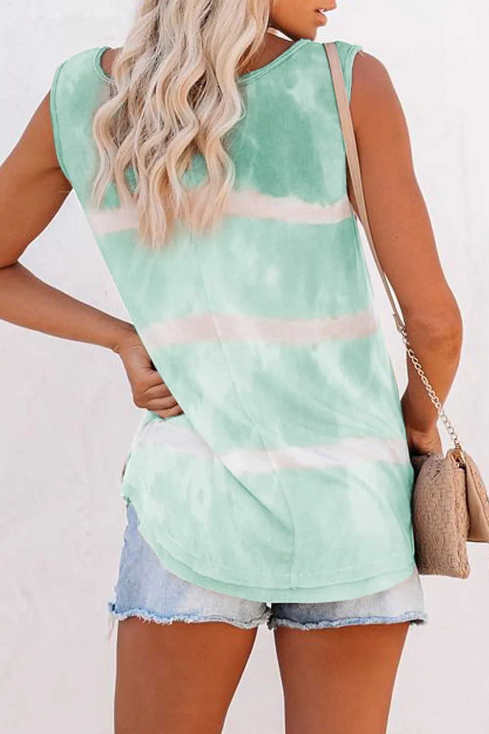 Scoop Neck Button Front Blue And White Tie Dye Tank Top