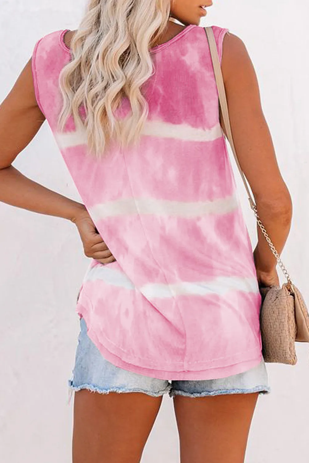 Scoop Neck Button Front Blue And White Tie Dye Tank Top