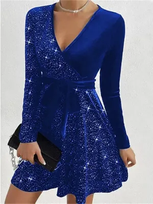 Sexy Deep V-Long Sleeved Sequined Dress Women's Party Solid Mini Dresses Elegant Autumn Evening Gown Dress