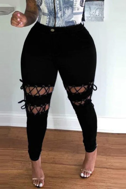 Solid Grommet Eyelet Lace Up Skinny Jeans