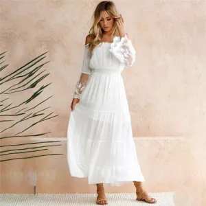 Strapless Long Sleeve Sundress Women White Beach Dress Summer Loose Off Shoulder Lace Boho
