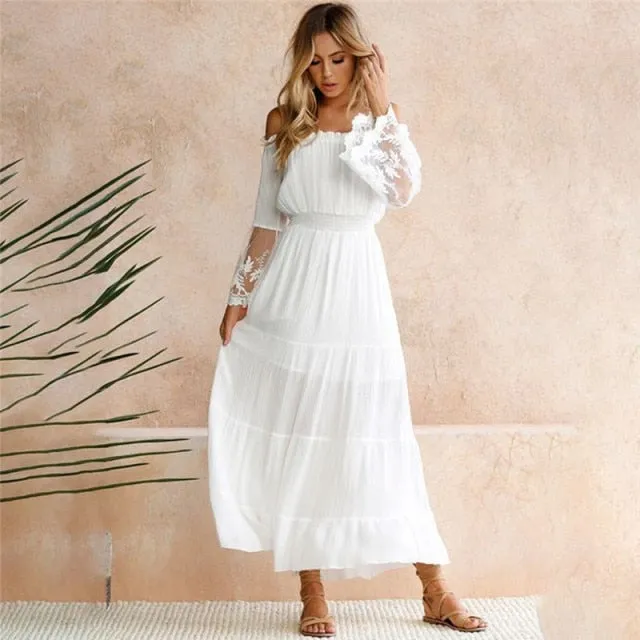 Strapless Long Sleeve Sundress Women White Beach Dress Summer Loose Off Shoulder Lace Boho