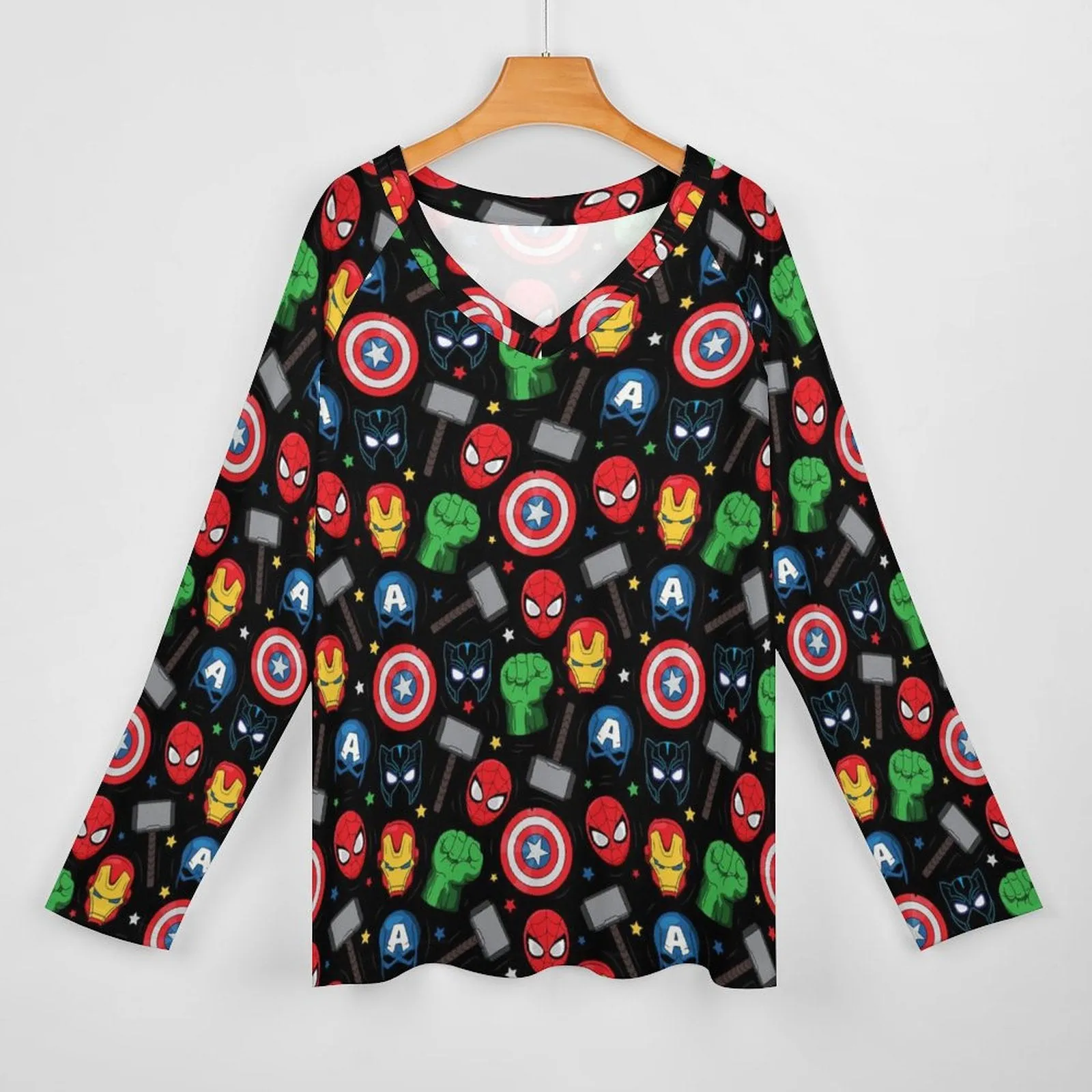 Super Heroes Long Sleeve Loose V-Neck Tee