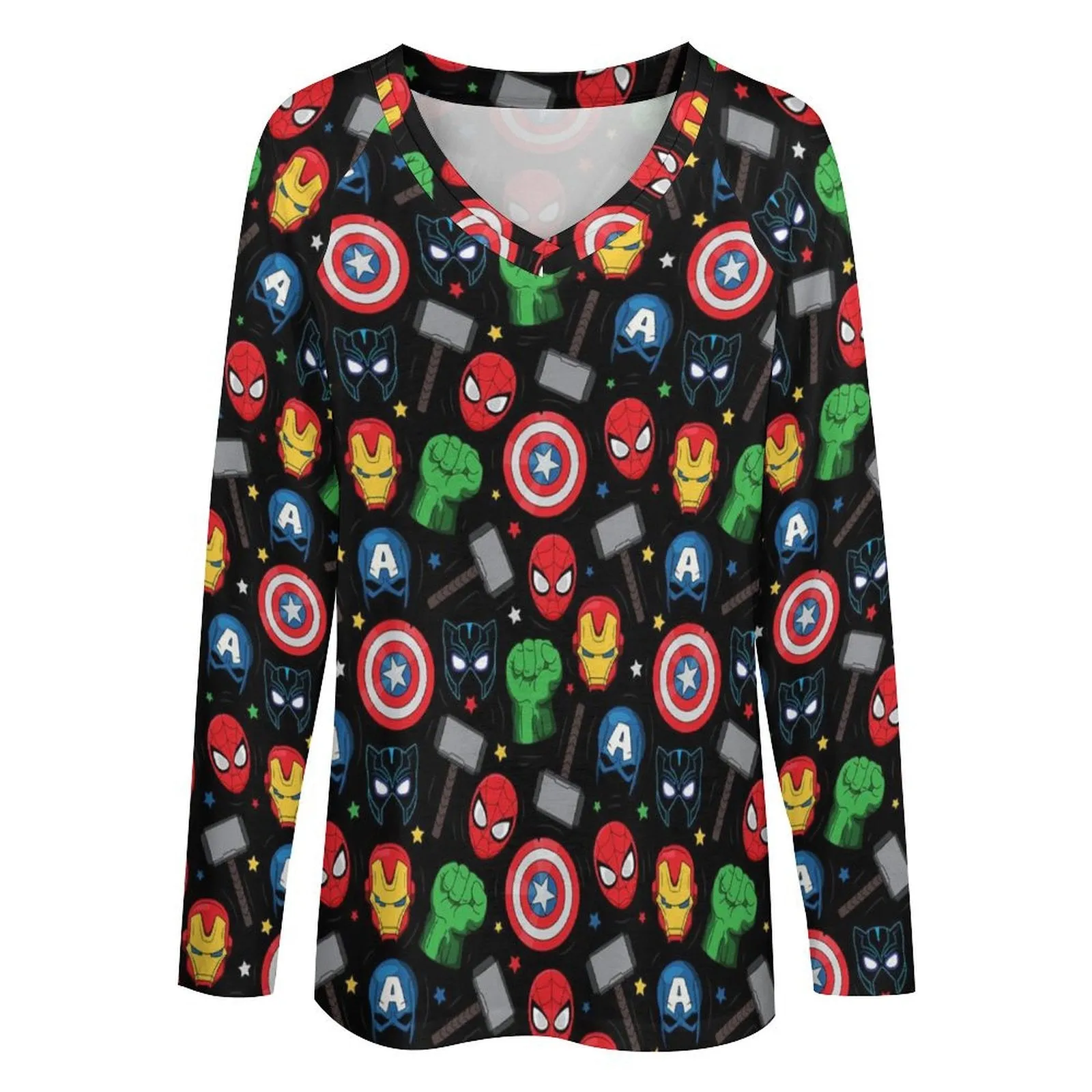 Super Heroes Long Sleeve Loose V-Neck Tee