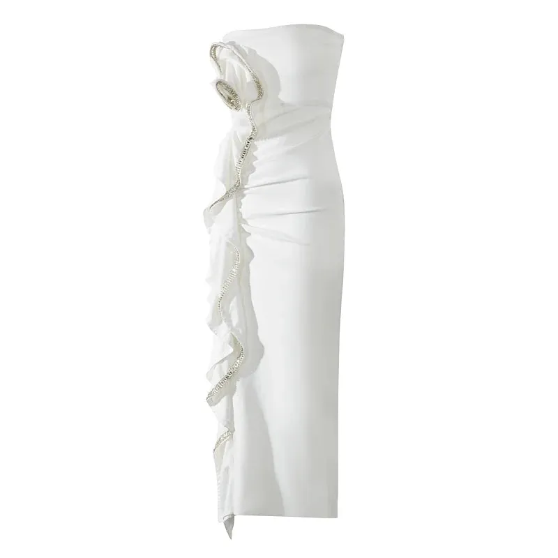 Trend4us Women's Strapless Ruffle Embellished Midi Dress