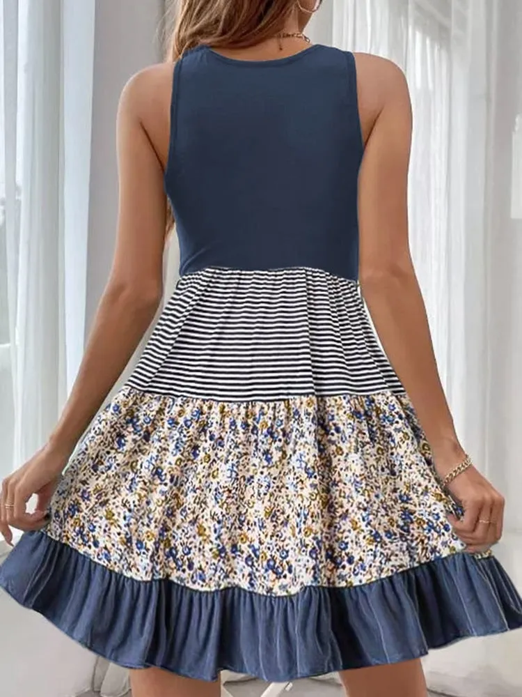 Trendy Women Floral Trendy Striped Sleeveless Mini Dress