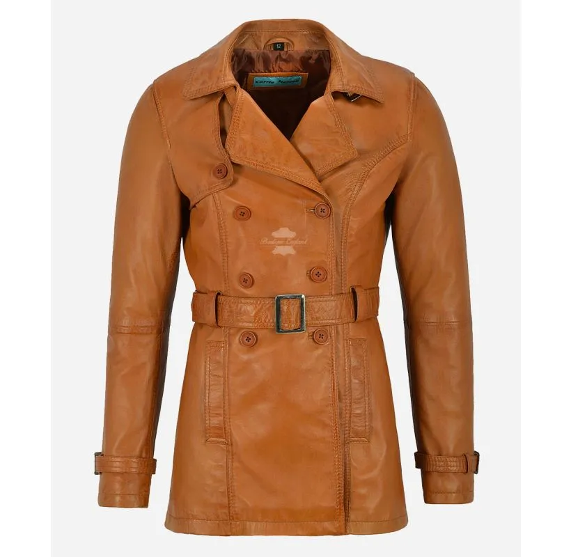 VENICE Ladies Leather Trench Coat Mid-Length Double Breasted Leather Coat for Women