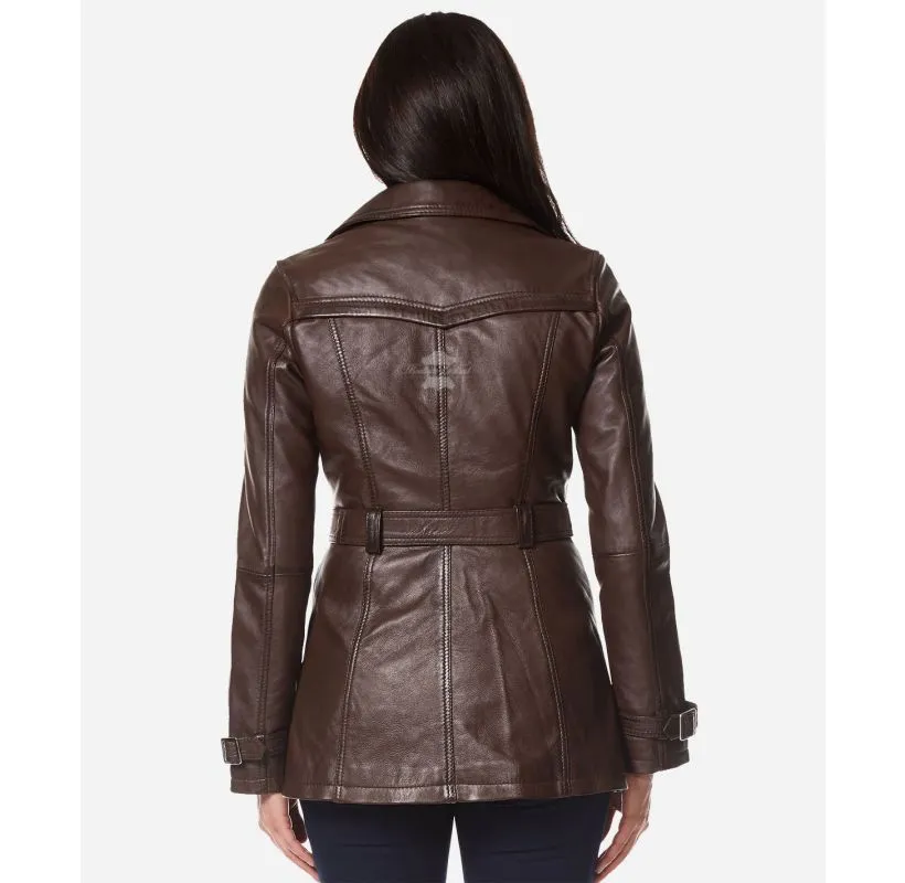 VENICE Ladies Leather Trench Coat Mid-Length Double Breasted Leather Coat for Women