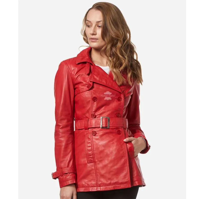 VENICE Ladies Leather Trench Coat Mid-Length Double Breasted Leather Coat for Women