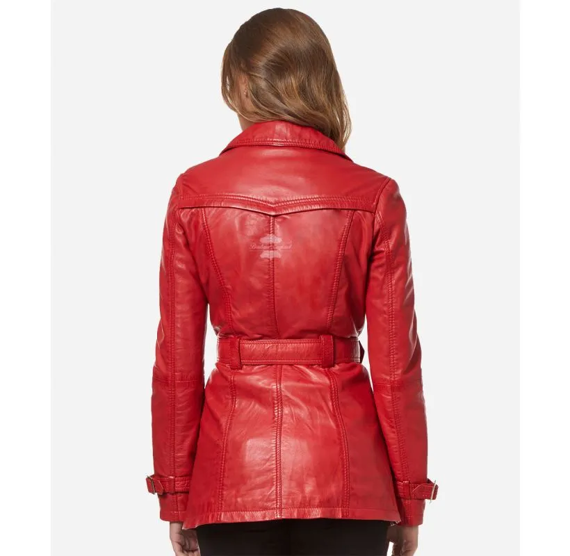 VENICE Ladies Leather Trench Coat Mid-Length Double Breasted Leather Coat for Women