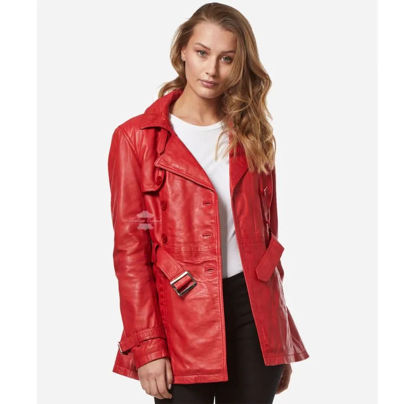 VENICE Ladies Leather Trench Coat Mid-Length Double Breasted Leather Coat for Women
