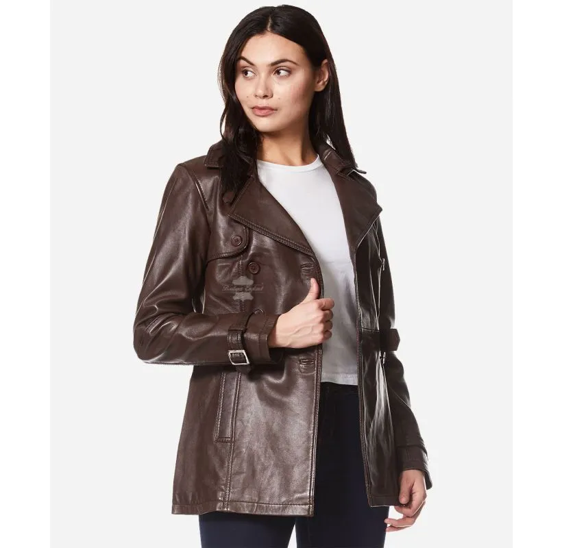 VENICE Ladies Leather Trench Coat Mid-Length Double Breasted Leather Coat for Women