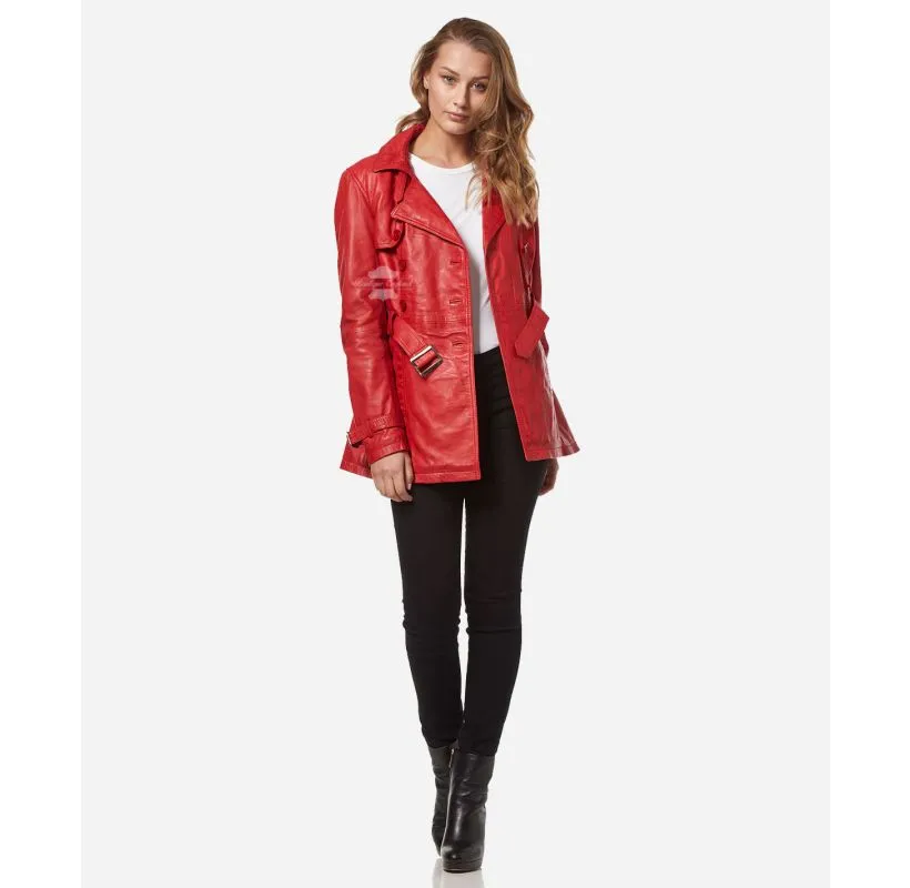 VENICE Ladies Leather Trench Coat Mid-Length Double Breasted Leather Coat for Women