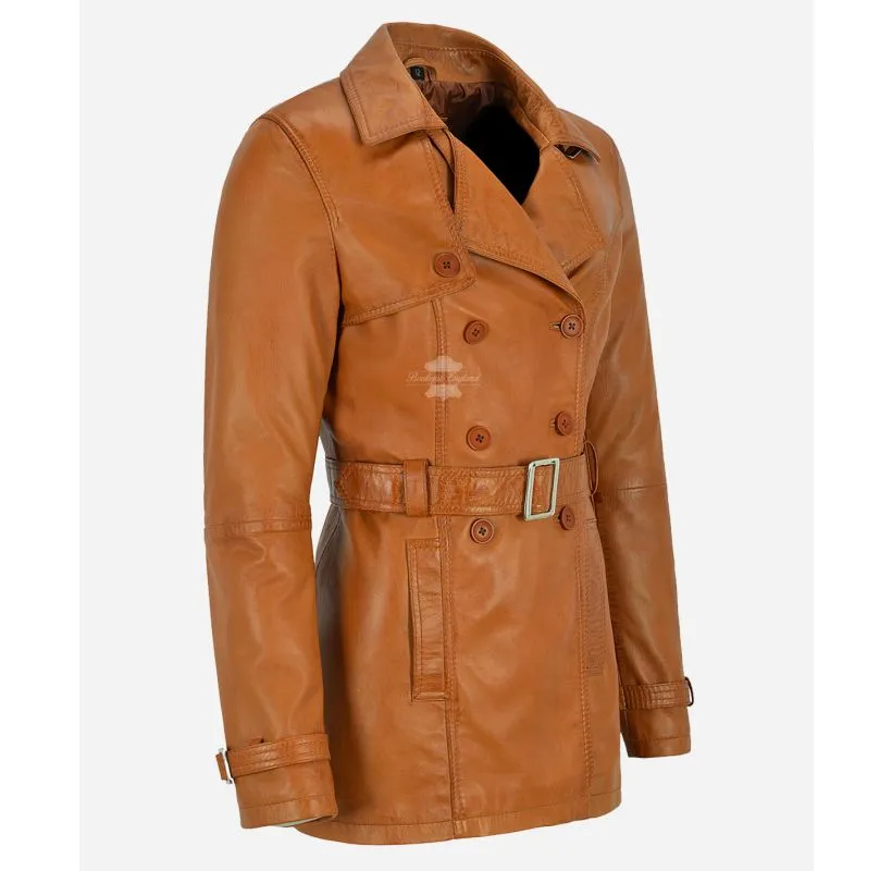 VENICE Ladies Leather Trench Coat Mid-Length Double Breasted Leather Coat for Women