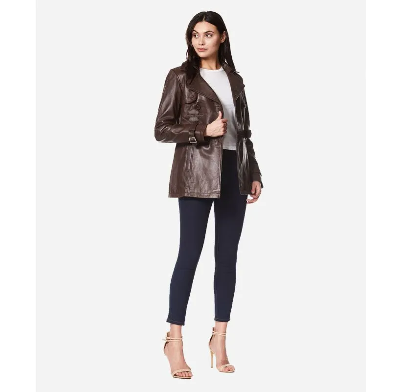 VENICE Ladies Leather Trench Coat Mid-Length Double Breasted Leather Coat for Women
