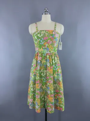 Vintage 1960s Sundress / Green Floral Print