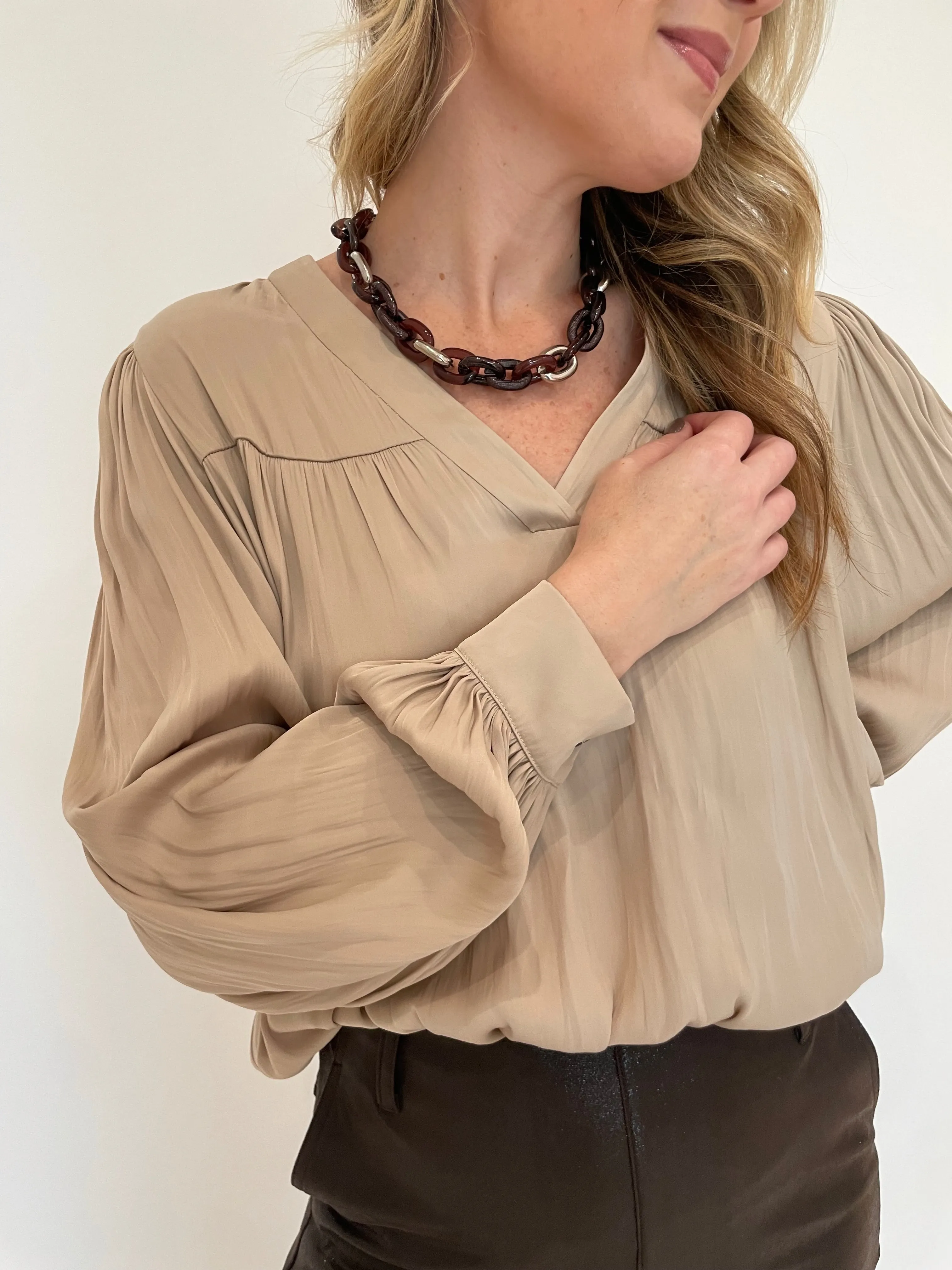 Vintage Satin V-Neck Blouse - Gold