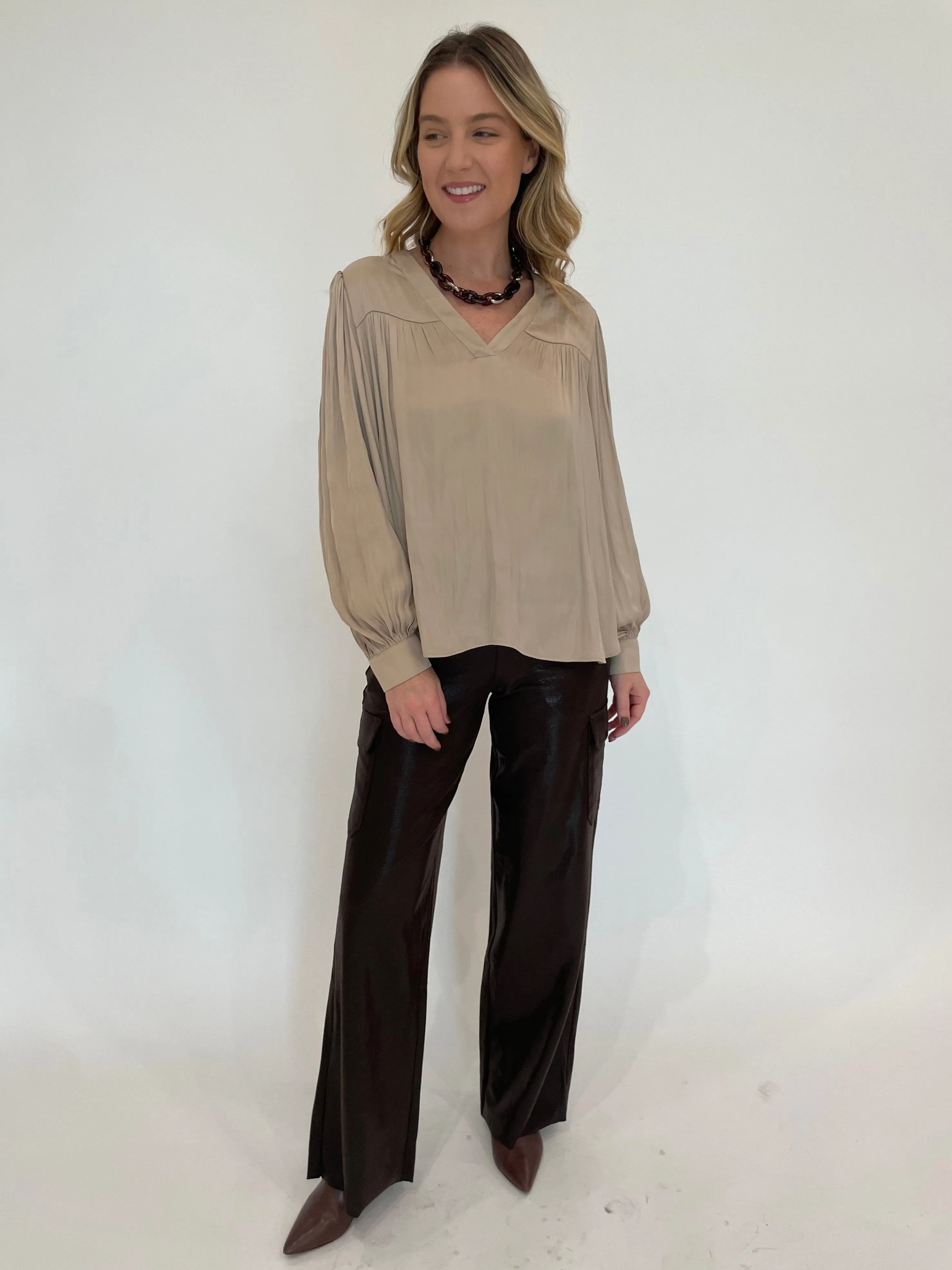 Vintage Satin V-Neck Blouse - Gold