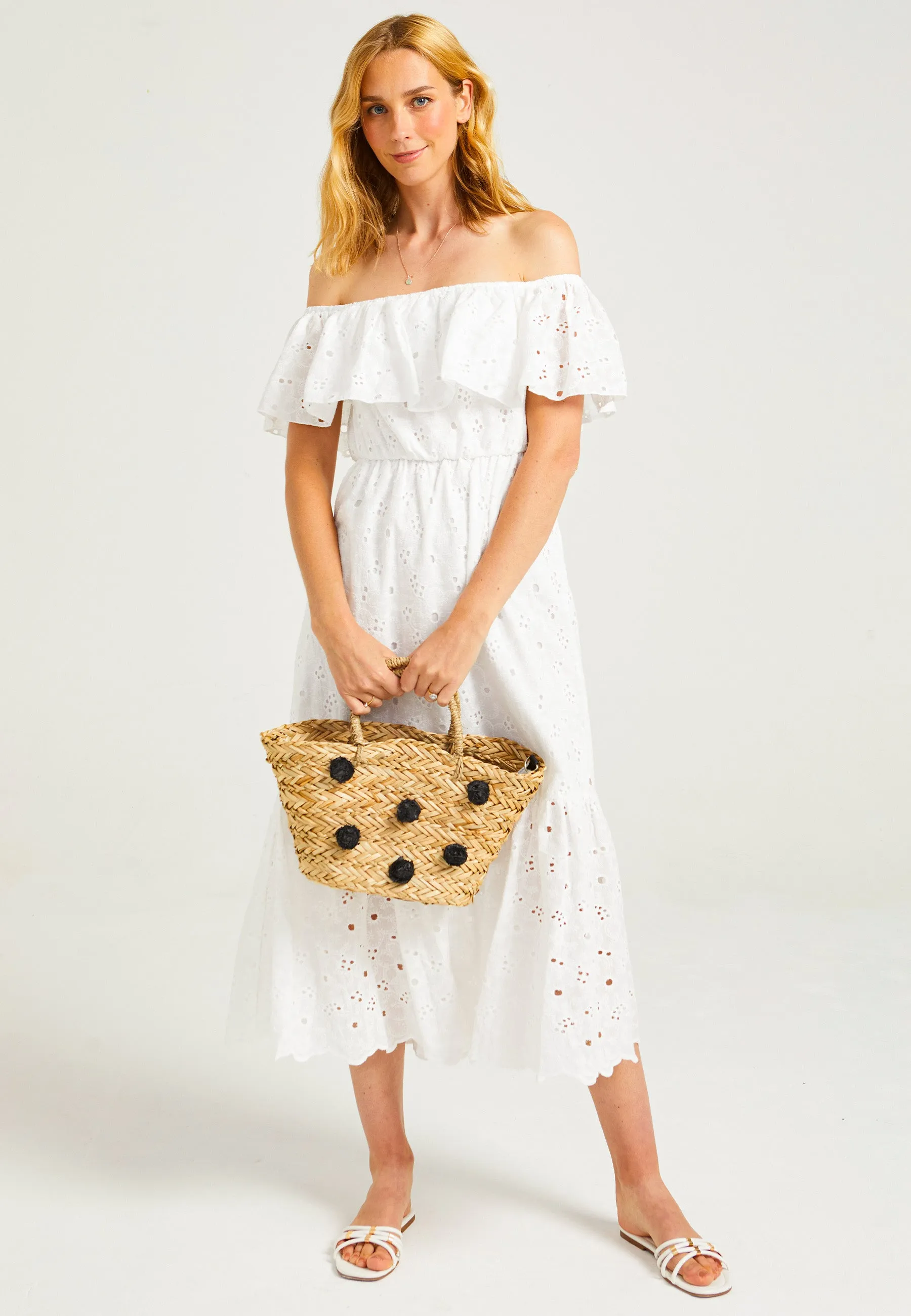 White Broderie Midaxi Bardot Dress