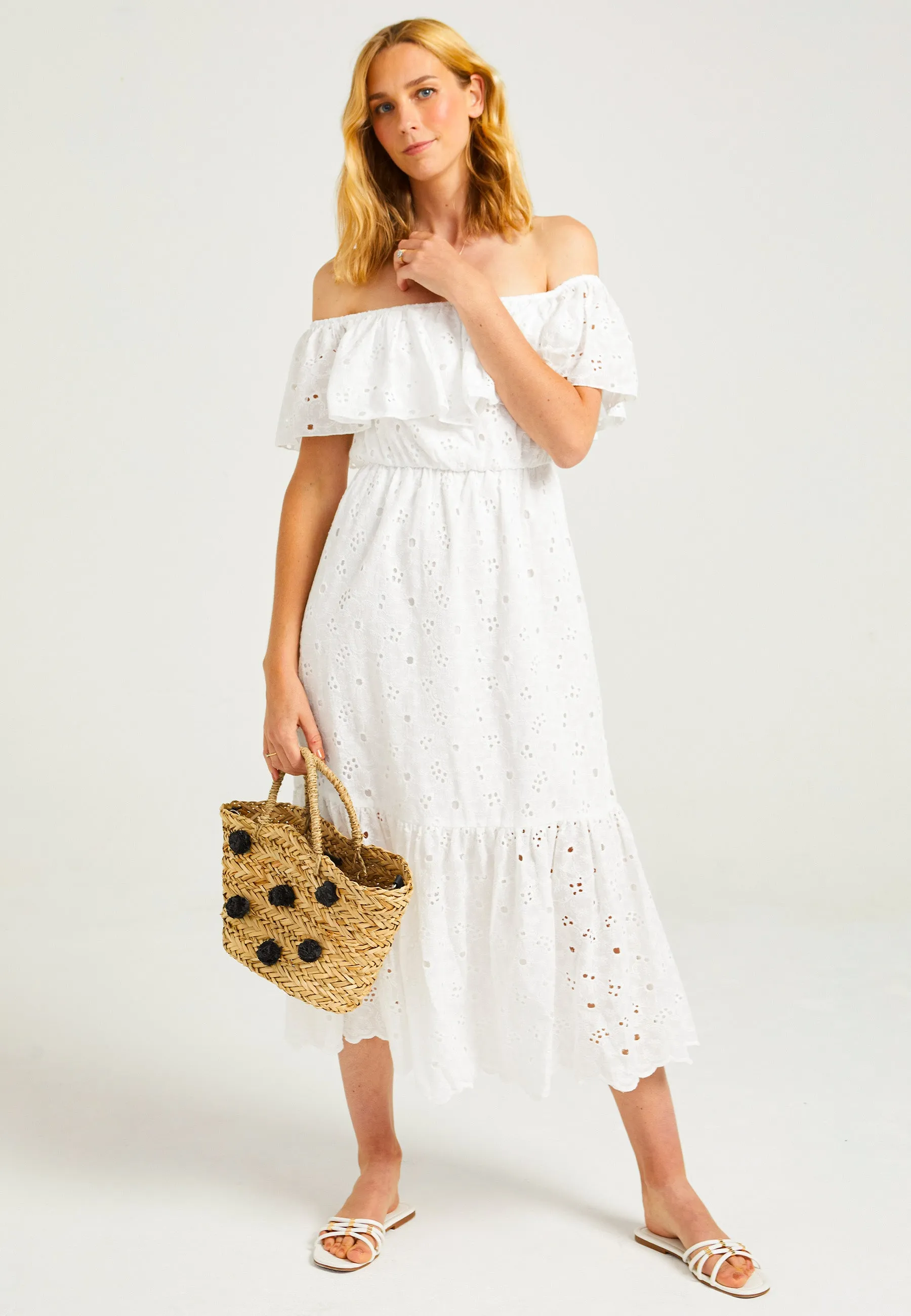 White Broderie Midaxi Bardot Dress