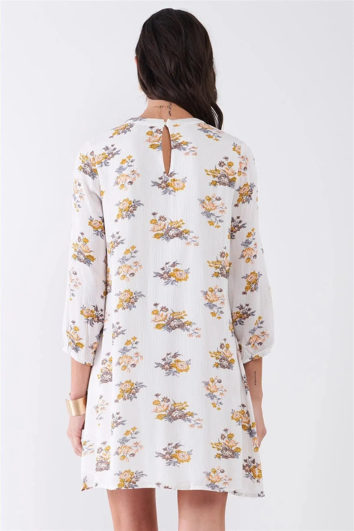White Multicolor Floral Print Long Sleeve Pleated Front V-Neck Loose Mini Dress /1-2-1