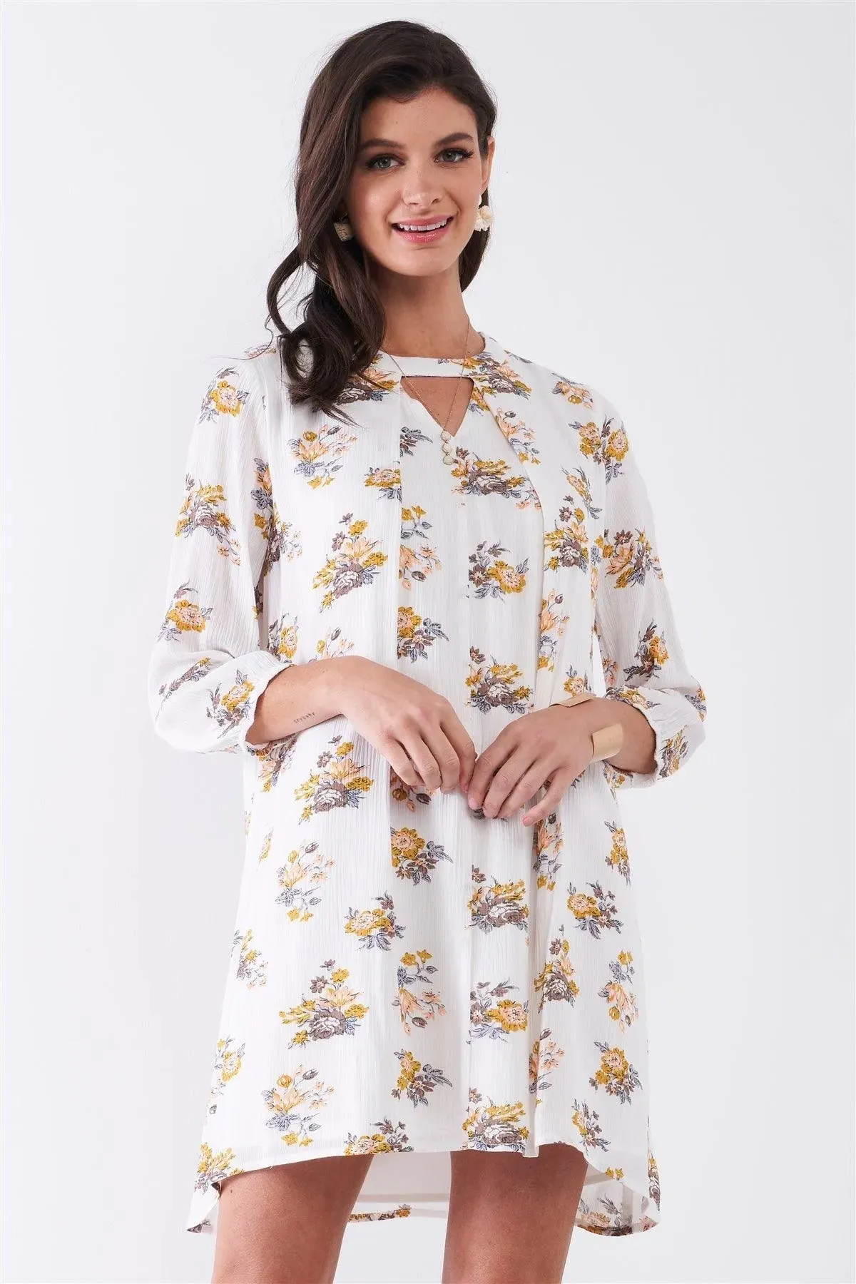 White Multicolor Floral Print Long Sleeve Pleated Front V-Neck Loose Mini Dress /1-2-1