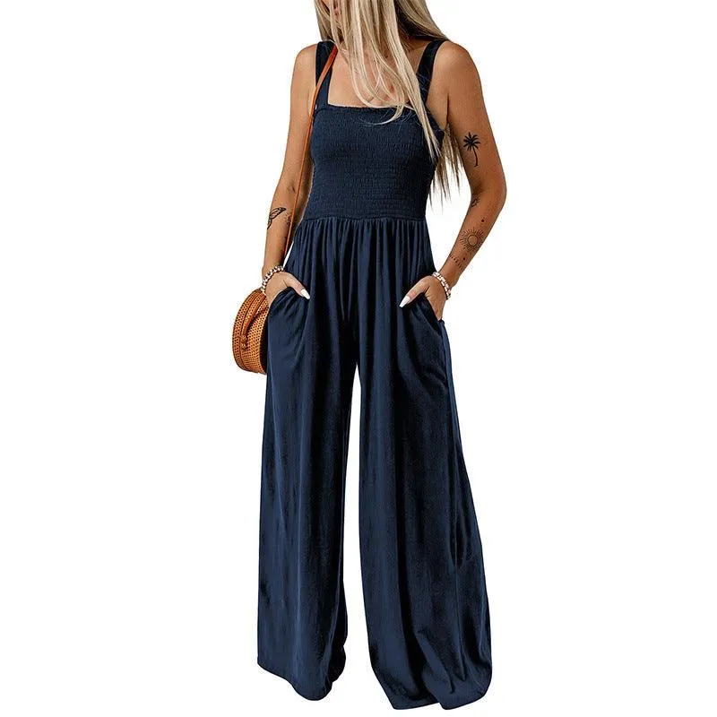 Wide Leg Jumpsuit – Summer Square Neck, High Waist, Backless, Pleated